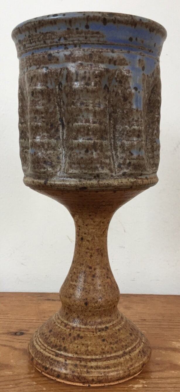 Vintage 70s Handmade Studio Art Pottery Earthenware Clay Goblet Wine Glass 7.75"